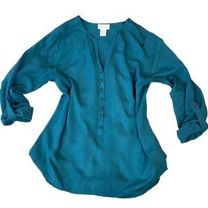 Soft Surroundings Split Neck Button Tunic Blouse Roll Tab Sleeve Sz S Teal 285M